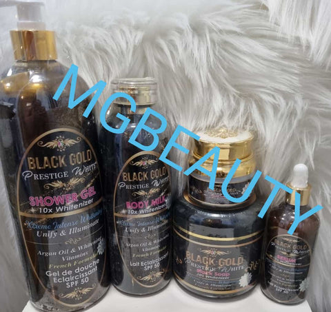 Black Gold Prestige White Body milk 10X Whitenizer with whitening vitamins 500mls,  Serum 120mls and Shower gel 1000mls balck Soap 500mls, FaceCream 