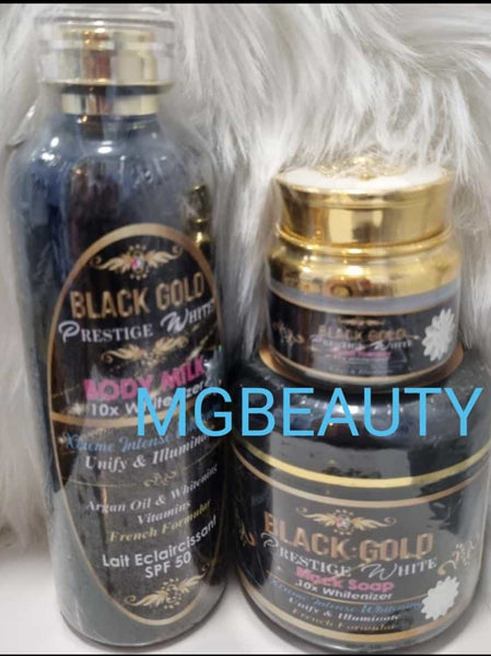 Black Gold Prestige White Body milk 10X Whitenizer with whitening vitamins 500mls,  Serum 120mls and balck Soap 500mls, FaceCream 