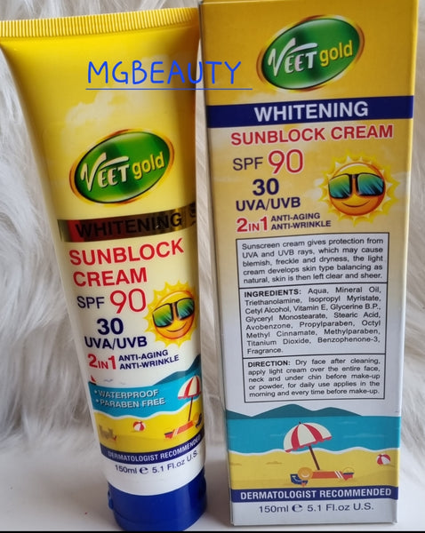 Veet gold whitening sun block cream with spf 90, anti aging, anti wrinkles properties. 150ml tube